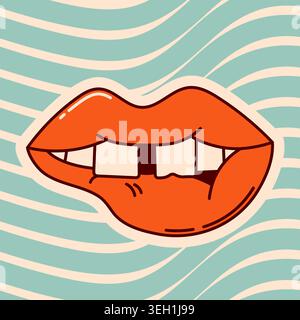 Groovy blue swirl checkerboard picture with red lips. Stock Vector