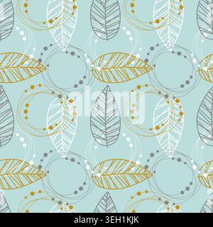 Seamless pattern with abstract hand drawn leaves and thin geometric circles on light mint background for elegant home wallpaper, kitchen textile print Stock Vector