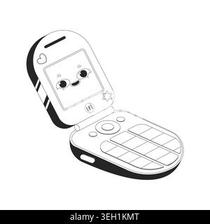 Kawaii open flip phone with smiling face on screen 2D line object Stock Vector