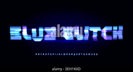 Tech Screen Font Logo Alphabet Futuristic Letter Set Modern HUD Typography, Digital Glitch Typographic Design Title Text, Typo Poster Headline, Type Stock Vector