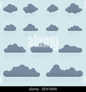 Fluffy rainy storm clouds and downpour vector icons Stock Vector