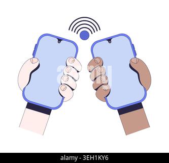 Two hands holding phones with wireless signal instruction graphic Stock Vector