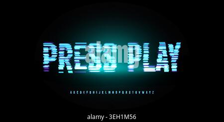 Digital Glitch Font Logo Alphabet Button, Turquoise Neon Glowing Light Future Noise Effect Letter Signs Set, Computer Game Typographic Design Stock Vector