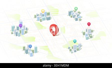 Concept of your location. City map featuring various types of infrastructure. Navigation plan to nearby restaurants, convenience stores, shop. Vector Stock Vector