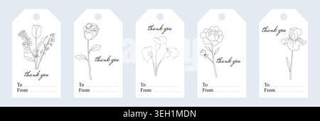 Set of five rectangular gift tags with floral line art and elegant thank you text, featuring tulip, rose, calla lilies, peony, and iris Stock Vector