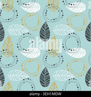 pattern with abstract hand drawn leaves and thin wireframe circles on mint background for scandinavian interior wallpaper, modern textile design and s Stock Vector