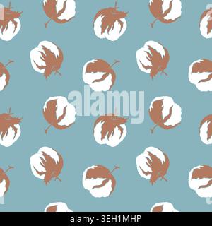 pattern with minimalist cotton flowers and buds on dusty blue background for organic apparel, eco friendly packaging and cozy home textile in white, b Stock Vector