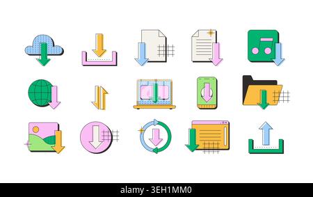 Download and upload neubrutalism UI overlay element set Stock Vector