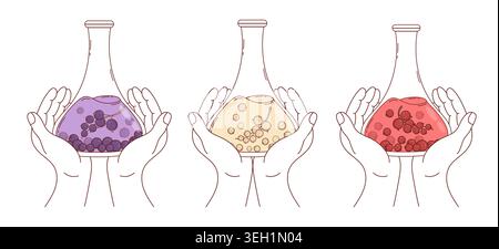 Contour Hands with Mixed Berries Currant Extract Black, Red, White in Lab Flasks. Natural Laboratory Research Set. Organic Medicine and Pharmacy, supp Stock Vector