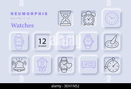 Watches set icon. Hourglass alarm clock analog dial smartwatch stopwatch bell cuckoo digital time wristwatch schedule line style neumorphic tiles. Stock Vector