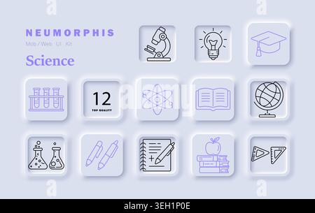Science set icon. Microscope bulb graduation cap test tubes atom book globe flasks pens notebook apple rulers education line style neumorphic tiles. Stock Vector