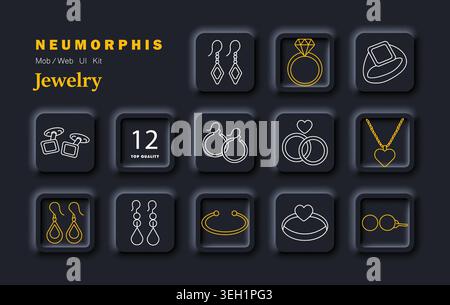 Jewelry accessories set icon. Earrings ring cufflinks hoops necklace heart pendant minimal neumorphic outline style dark theme soft shadow UI design Stock Vector