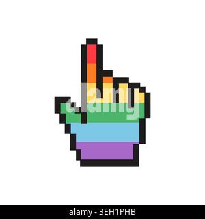 Pixel art rainbow pride hand cursor icon isolated on white. 8 bit retro computer mouse clicker with rainbow flag colors for LGBTQ pride month, nostalg Stock Vector