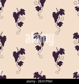 pattern with dark purple grape bunches and leaves silhouettes on cream background for organic winery branding, elegant textile design and premium gift Stock Vector