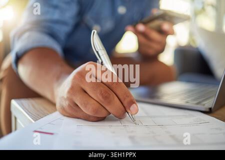 Hands, paperwork and man with signature on contract for insurance policy, title deed or agreement. Sign up, person and writing on legal document for Stock Photo