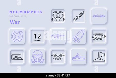 War set icon. Binoculars knife barbed wire target rifle missile armored vehicle bunker gas mask drone ship flag line style neumorphic tiles. Stock Vector