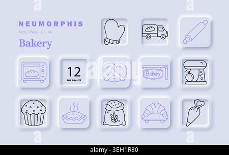Bakery set icon. Oven mitt truck rolling pin oven pretzel sign mixer muffin pie flour croissant piping bag bread baking line style neumorphic tiles. Stock Vector