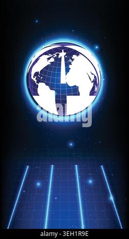 Futuristic digital earth globe with glowing neon light burst and abstract cyber laser grid in dark space Stock Vector