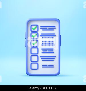 3D Smartphone with checklist on screen. Stock Vector