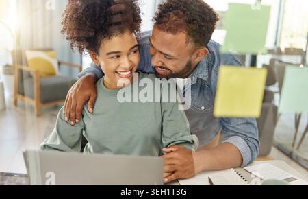 Couple, happy and laptop in home with bonding for vacation planning, travel site or check email together. African people, married and smile with pc Stock Photo
