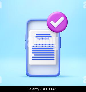 3D Smartphone with document icon and check mark. Stock Vector