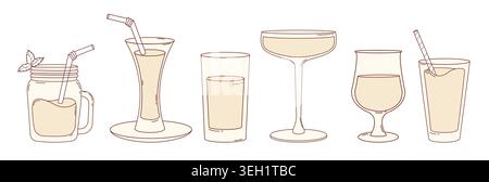 Cocktail Glassware Set with Mason Jar Martini Coupe and Drinking Glasses with straw. Isolated Outline Hand Drawings. Vector Illustration Stock Vector