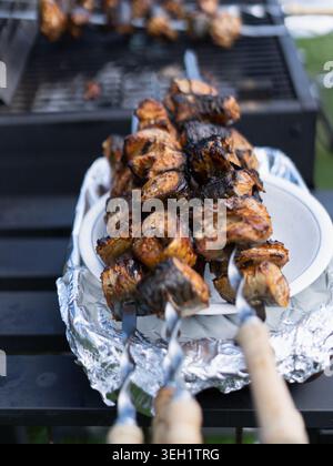 Close view of grilled mackerel fish skewers cooking on barbecue in outdoor setting Stock Photo