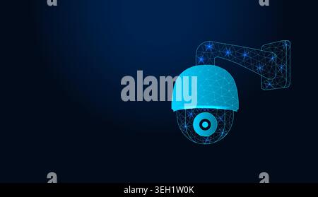 Low poly wireframe security dome camera on dark blue background. Stock Vector