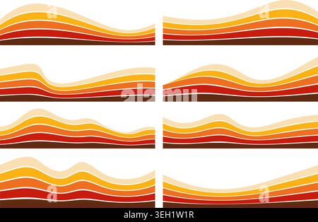 Abstract retro wavy banners for web pages and digital layouts. Flowing curves form elegant section dividers. Striped gradient shapes for modern Stock Vector