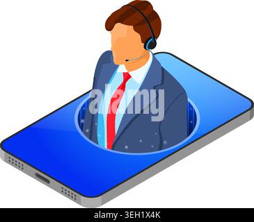 Online isometric customer support concept. Mobile call center with male consultant, headset, chat icons. support 24h online. isolated vector illustrat Stock Vector
