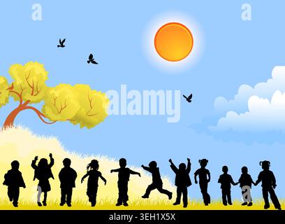 Silhouettes of children on nature background with bird, sun, tree and grass, element for design, vector illustration Stock Vector