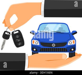 Rent Car Concept for Poster, Web Site, Advertising like Hand, Car and Key. Stock Vector