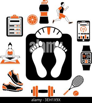 Fitness, Gym, Health Concept for Mobile Applications, Web Site, Advertising like Yoga, Runner, Weight and Gadgets Icons. Stock Vector