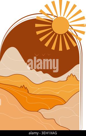 Boho Mountain and Sun Wall Art Abstract Decor Modern Home Decor Boho Poster Stock Vector