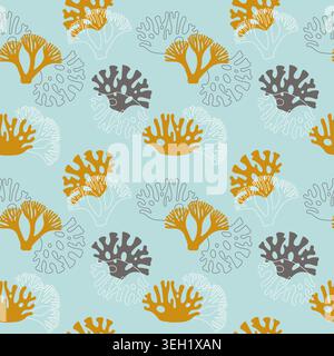 Oceans pattern with abstract hand drawn sea corals and marine anemones on light blue background for beach resort wallpaper, summer fashion textile and Stock Vector