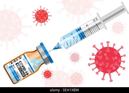 Covid-19 coronavirus vaccine bottle and syringe injection. Treatment injection for coronavirus covid-19. Landing page template. Isolated vector illust Stock Vector