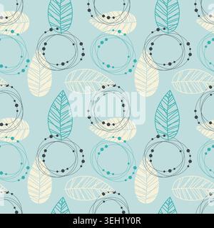 pattern with abstract hand drawn leaves and delicate geometric beaded circles on light blue background for scandinavian interior wallpaper, modern fas Stock Vector