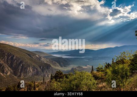 Sunbeams across the Gulf of Corinth seen from Delphi, Greece Stock Photo