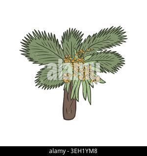 Textured vector illustration of tropical palm tree with yellow orchid flowers. Stock Vector