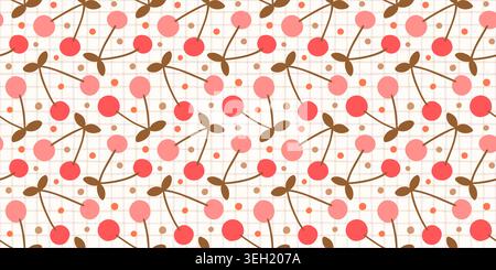 Hand Drawn Pink and Red Cherry Seamless Vector Pattern, Cute Retro Doodle Fruit on Check Grid, Coquette Cottagecore Vintage Gingham Background Stock Vector