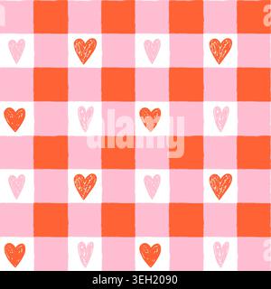 Hand drawn vector plaid, gingham seamless pattern with red and pink doodle hearts, Grunge tartan, check irregular geometric background for Valentine's Stock Vector