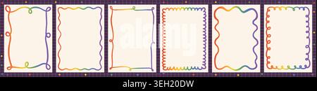 Rainbow Wavy Frames Vector Set, Colorful Hand Drawn Doodle Scallop Borders for LGBT Pride Designs or Cute Kids Birthday Party Invitations Stock Vector