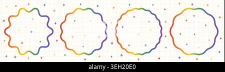 Rainbow Gradient Wavy Circle Frames Vector Set, Colorful LGBT Scalloped Round Borders, Cute Groovy Badge Graphic Elements for  Pride Month and Birthda Stock Vector