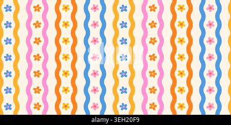 Groovy Wavy Stripes with Colorful Daisy Flowers Seamless Vector Pattern , 70s Retro Funky Squiggle Lines, Cute Floral Summer Background Stock Vector