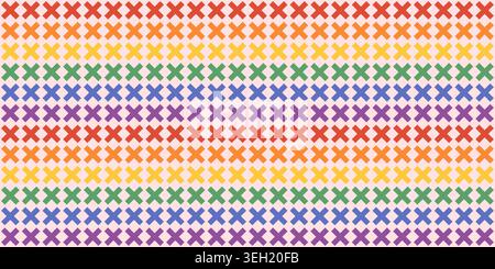 Rainbow Striped Vector Seamless Pattern with X Shapes, Colorful LGBTQ Pride Flag Colored Horizontal Stripes with Crosses for Backgrounds and Textile Stock Vector