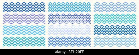 Blue ocean wavy lines borders vector set, Wiggly parallel sea water waves for summer beach designs Stock Vector