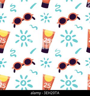 Sun protection, suntan lotion tube, sunglasses texture. Beach holidays concept seamless pattern. Sun, heart, smile, blob smears shapes. Vector, Flat design, Stock Vector