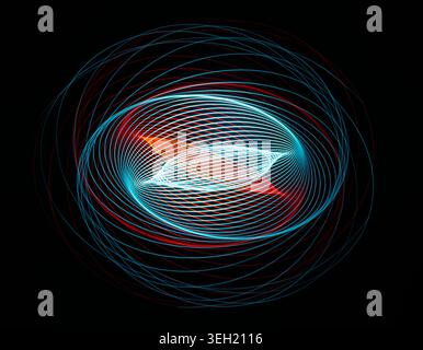 Long exposure abstract light painting featuring glowing cyan, teal, red, and orange light trails forming an elliptical orbital vortex against a black. Stock Photo