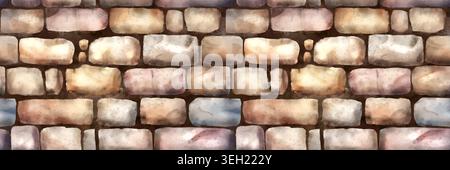 A stone wall lined with brick blocks. Watercolor illustration. Seamless horizontal border made of stones, boulders, hand-drawn Stock Photo