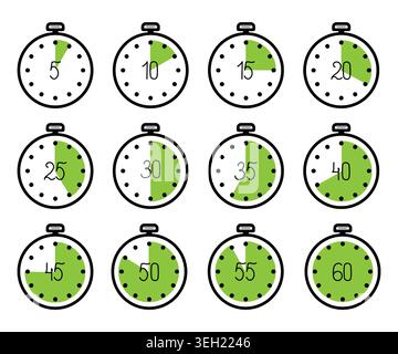 Stopwatch or countdown timer, set of icons. Vector illustration. A timer with a dial for measuring for sports, the set is isolated on a white backgrou Stock Vector